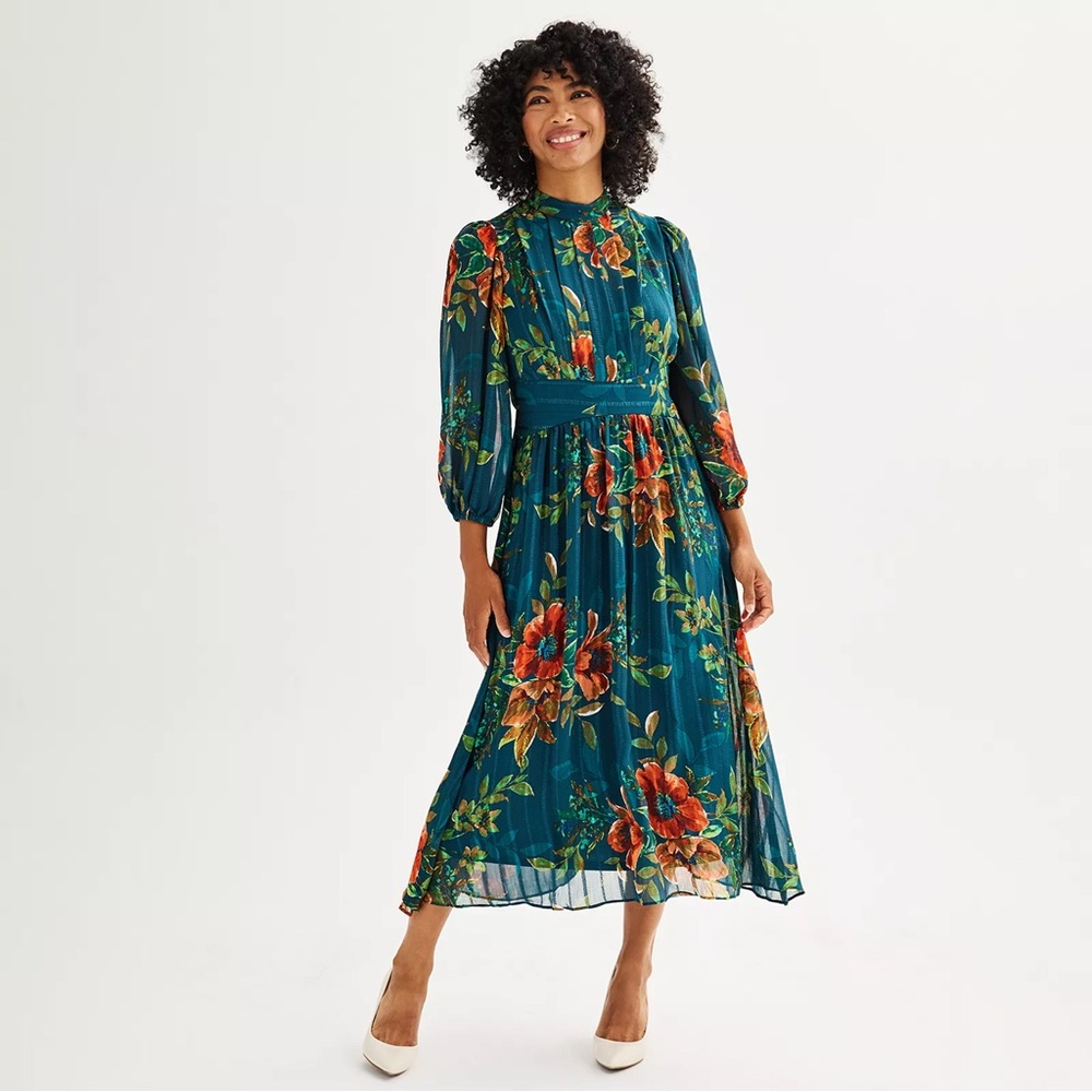 Floral Teal & Peach Chiffon Midi/Maxi Dress